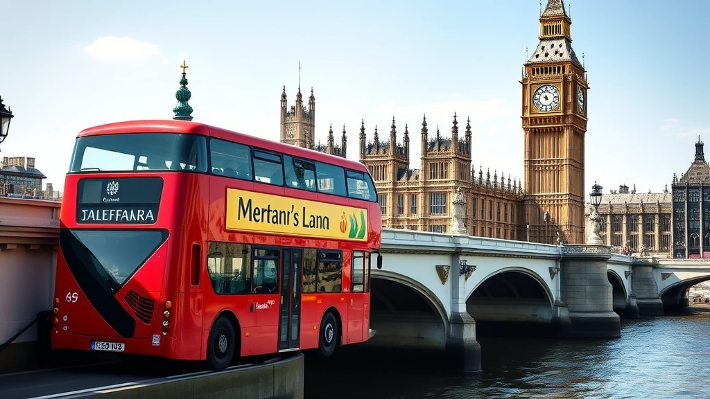 Historic London double-decker red bus crossing Westminster Bridge with Big Ben and Houses of Parliament in background, Thames River below, iconic British architecture, bright daylight, classic London scene