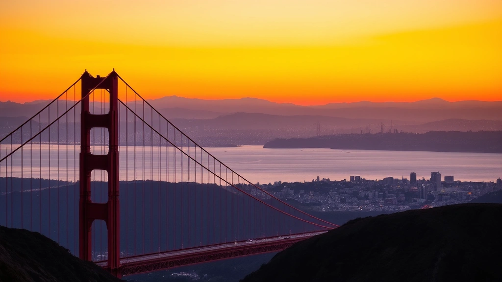 San Francisco Golden Gate Bridge with Bay Area skyline at sunset, vibrant orange and blue tones, cityscape stretching to hills in background, no people or vehicles visible
