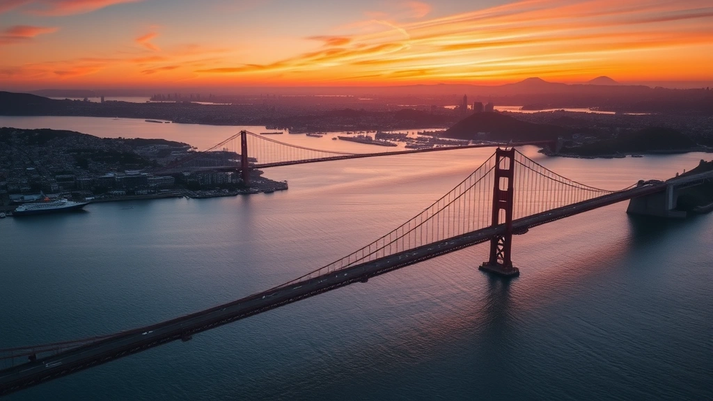 Aerial view of San Francisco Bay with Golden Gate Bridge at sunset, urban landscape meeting water, vibrant orange and blue tones, cinematic photography