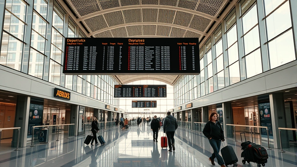 Modern airport terminal interior with departure boards, glass architecture, natural lighting from windows, travelers walking with luggage in background, sleek contemporary design