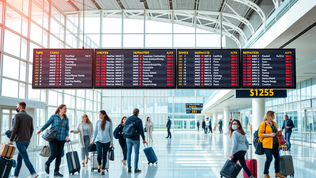 Modern airport terminal interior with departure board, travelers with luggage, natural light from large windows, contemporary architecture, busy travel hub atmosphere