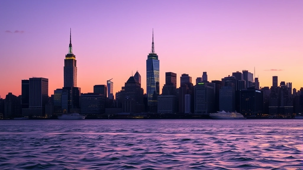 New York City Manhattan skyline from water at dusk, Empire State Building and One World Trade Center illuminated, Hudson River foreground, twilight purple and orange sky, no text or signage visible