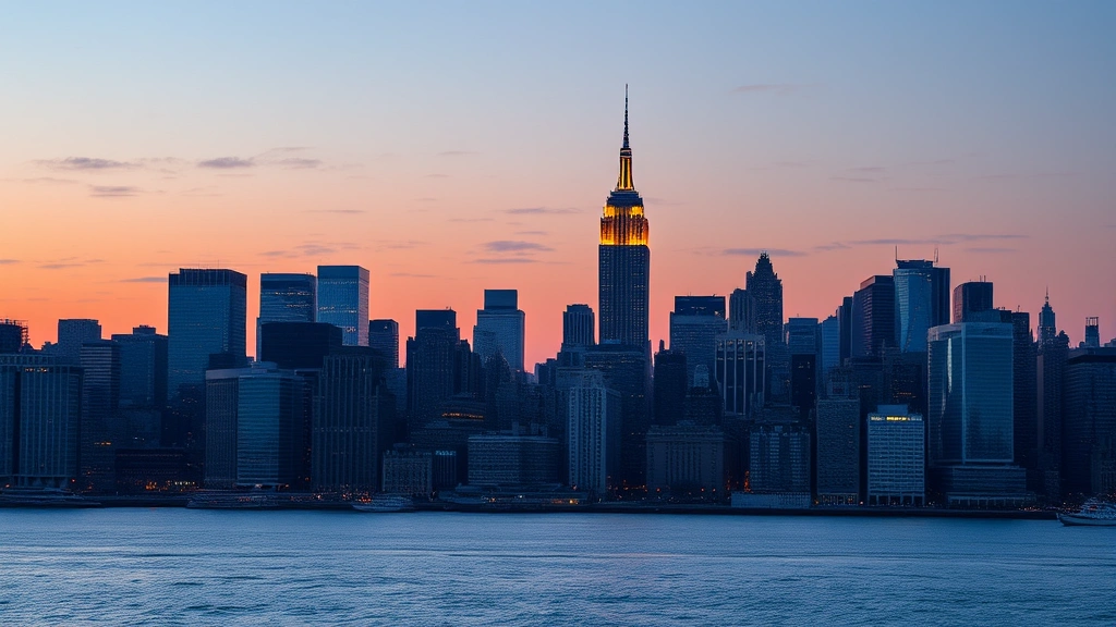 Panoramic view of Manhattan skyline from across the Hudson River, NYC skyscrapers at dusk, Empire State Building lit up, urban energy and iconic cityscape