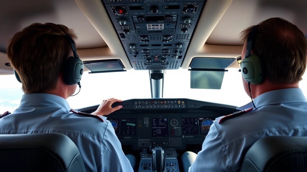 Commercial aircraft cockpit interior with pilots monitoring instruments and control panels during flight operations, modern avionics displays visible, professional aviation environment, daytime