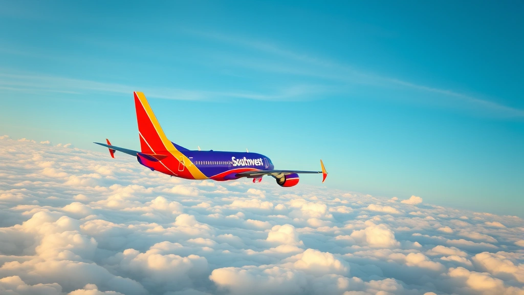 Southwest Airlines Boeing 737 aircraft in flight against blue sky with white clouds below, golden hour lighting, aircraft banking slightly showing livery clearly, scenic aerial perspective