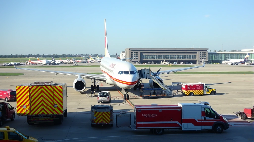 Airport tarmac with emergency vehicles and fire trucks stationed near aircraft during ground operations, professional emergency response team, clear weather conditions, daytime