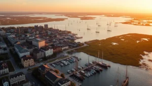 Aerial view of Charleston harbor at sunrise with historic waterfront buildings, sailboats, and marshlands in soft golden light, photorealistic travel photography