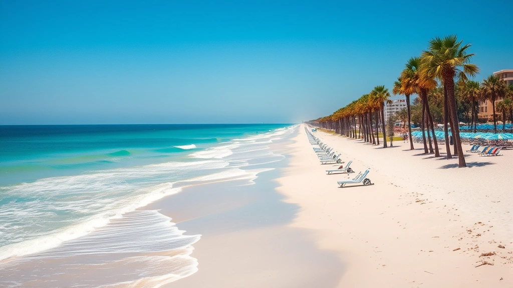 Myrtle Beach coastline with pristine sandy shores, turquoise Atlantic waves, palm trees, and beach umbrellas under blue sky, vacation destination aesthetic