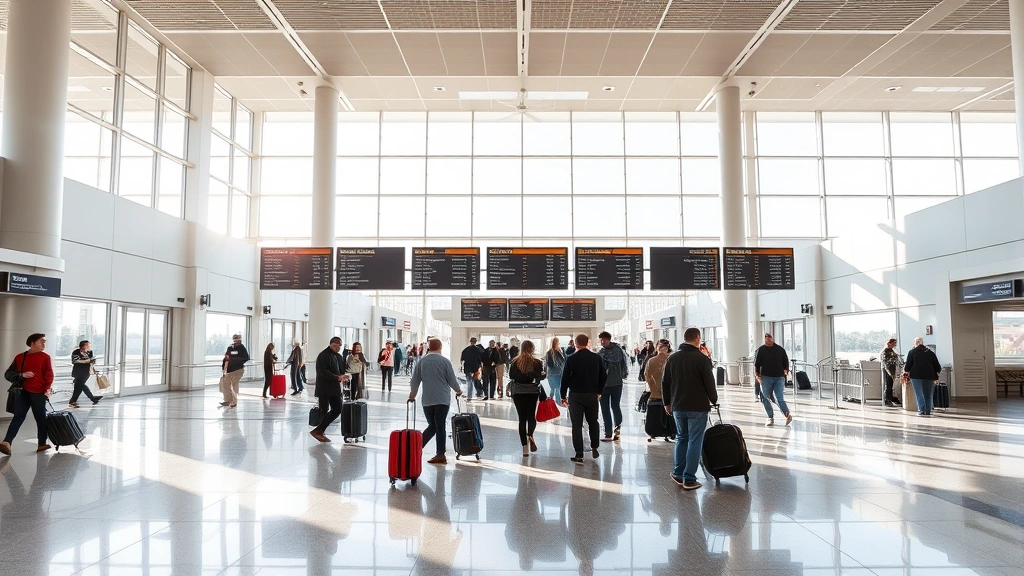 Greenville-Spartanburg regional airport departure hall with modern architecture, travelers with luggage, departure boards, and natural daylight streaming through windows