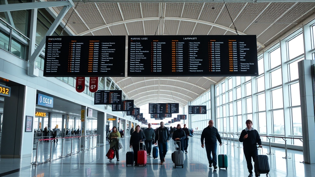 Modern airport terminal interior with departure boards and travelers with luggage walking through spacious corridor, natural lighting, St. Louis Lambert ambiance