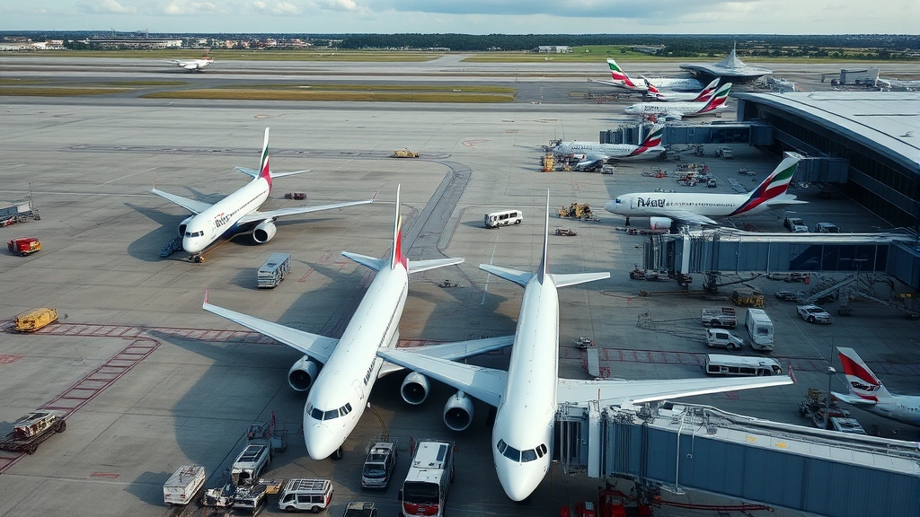 Overhead view of commercial aircraft parked at airport gates during daytime with ground service vehicles and terminal buildings visible