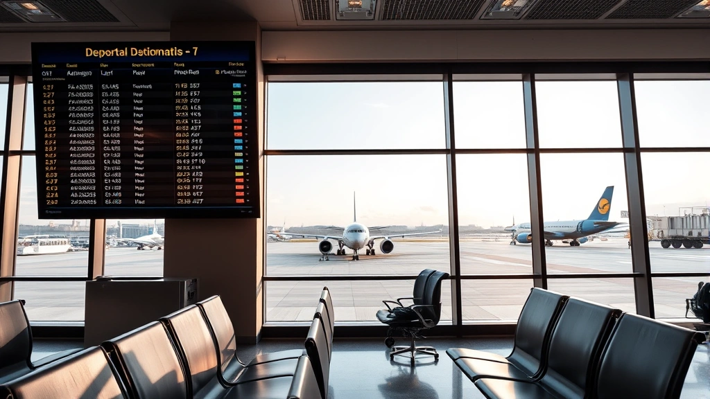 Close-up of airport gate area with departure board displaying flight information, comfortable seating, and large windows showing aircraft on tarmac