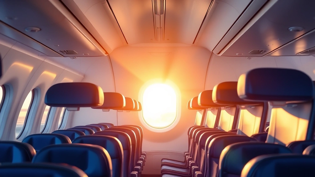 Commercial airline interior cabin during golden hour sunlight streaming through windows, showing empty rows of blue seats with overhead compartments, photorealistic modern aircraft design, peaceful and safe atmosphere, professional aviation environment