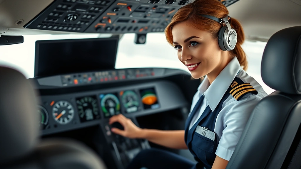 Experienced female airline pilot in uniform reviewing flight instruments and controls in modern aircraft cockpit, focused concentration, professional aviation setting, detailed instrument panel, confident professional demeanor, realistic commercial aviation environment