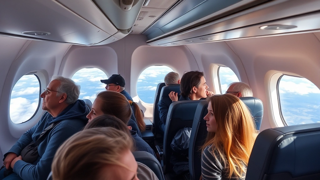 Passengers on modern commercial flight looking out windows at scenic landscape below, peaceful mid-flight scene with clouds and terrain visible, diverse group of travelers, calm and confident expressions, modern aircraft interior design, natural lighting