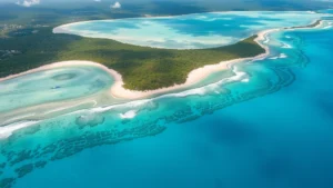 Aerial view of turquoise Caribbean waters surrounding Haiti's coastline with white sandy beaches and lush green vegetation, photorealistic tropical landscape photography