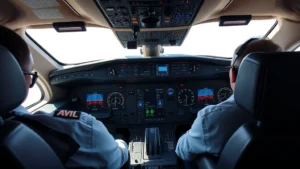Commercial aircraft cockpit during flight with pilots monitoring instruments and weather radar displays, natural daylight streaming through windows, showing detailed instrument panels and professional aviation environment