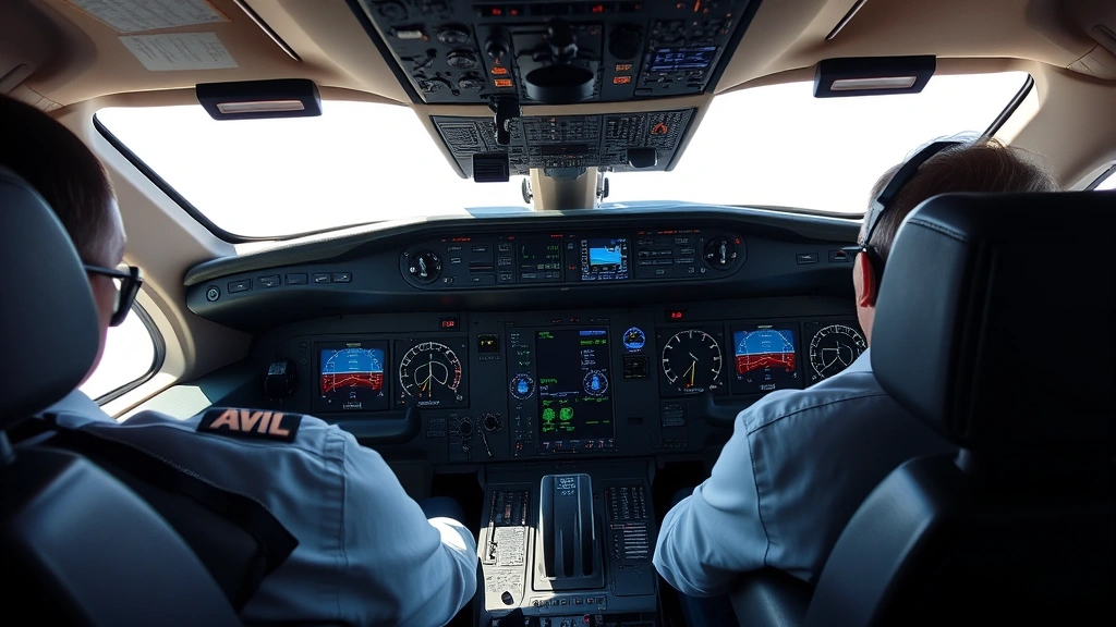 Commercial aircraft cockpit during flight with pilots monitoring instruments and weather radar displays, natural daylight streaming through windows, showing detailed instrument panels and professional aviation environment