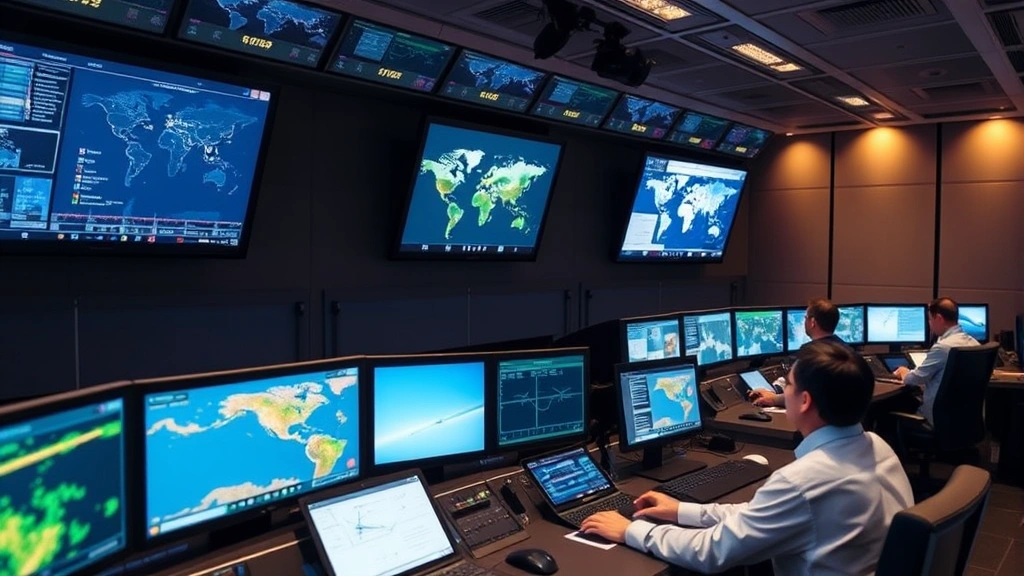 Modern airline operations center with multiple screens displaying flight tracking, weather maps, and real-time flight data, dispatchers coordinating flights, professional control room atmosphere with warm lighting