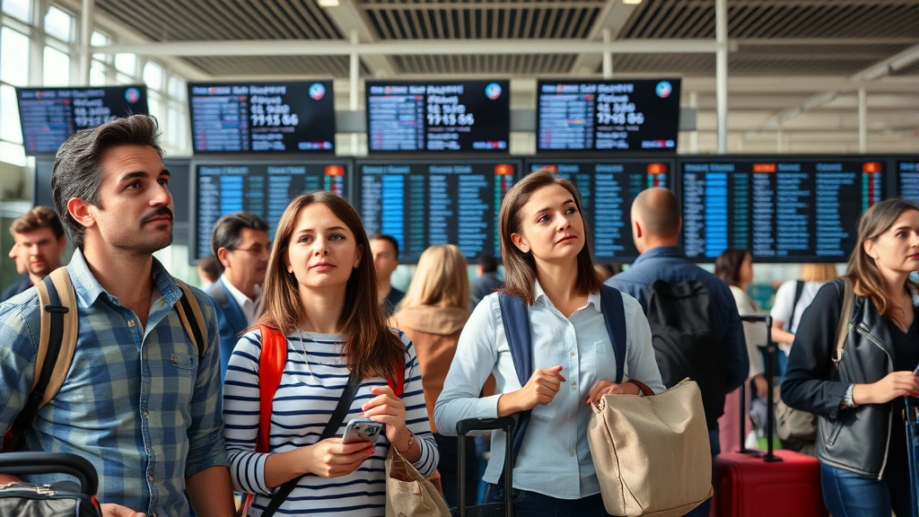 Diverse group of passengers in airport terminal during flight disruption, checking flight information boards, some with luggage, natural expressions of mild concern and anticipation, realistic airport environment with natural lighting