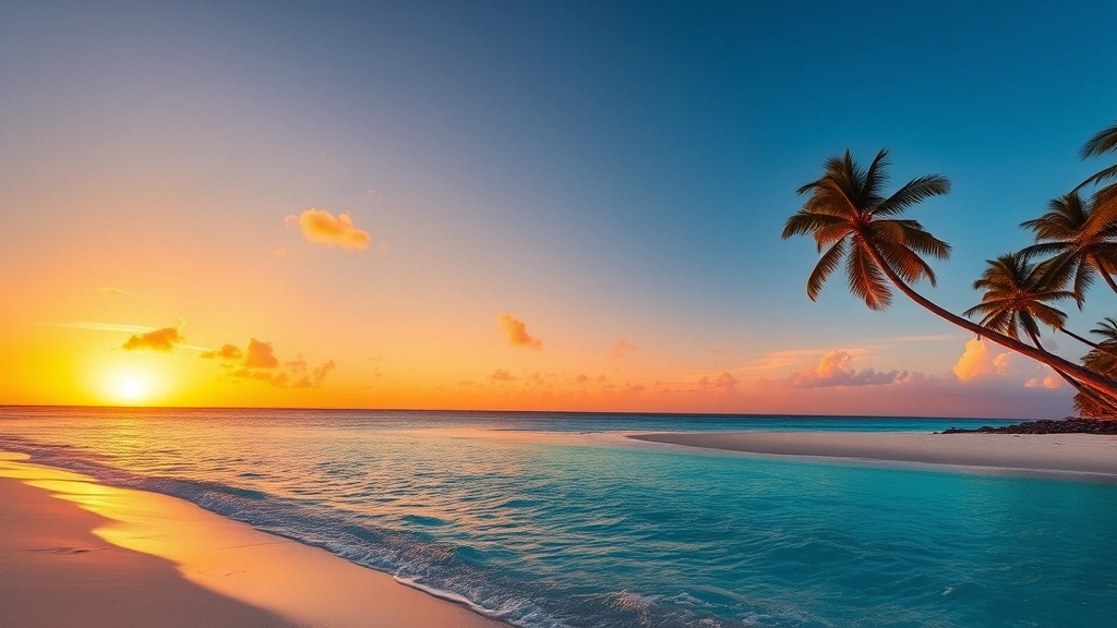 Vibrant sunset over tropical beach with crystal turquoise water, white sand, and palm trees swaying gently, perfect for a Sun Country vacation destination