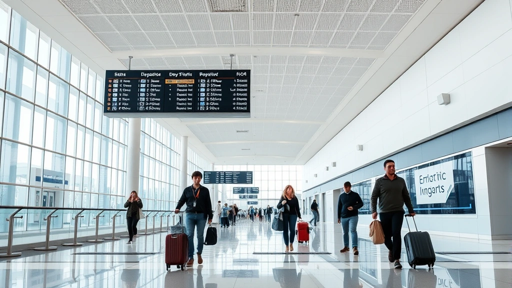 Modern airport terminal interior with bright natural lighting, digital flight status displays showing departure times, and travelers with luggage moving through spacious corridors