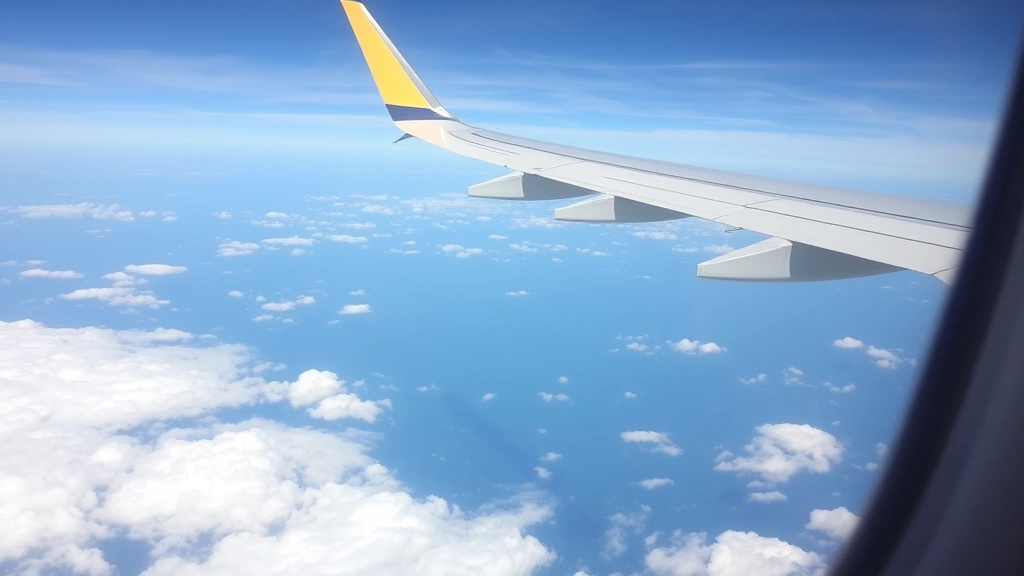Airplane window view during flight showing puffy white clouds below and endless sky, capturing the moment of mid-flight journey excitement and adventure