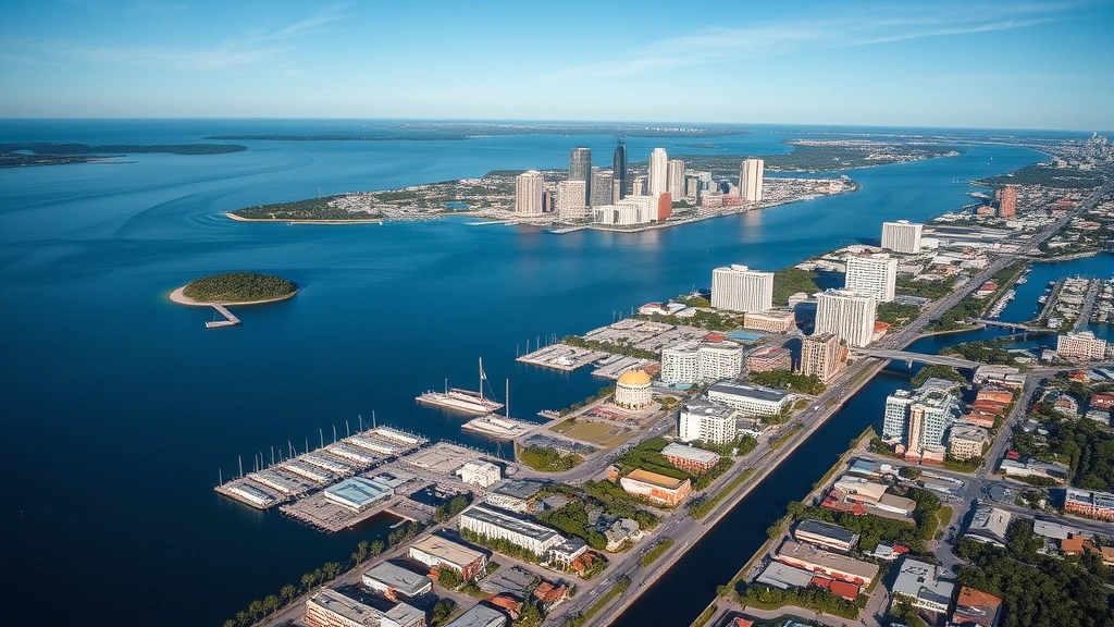 Aerial photograph of Tampa Bay area showing waterfront, Busch Gardens, and downtown skyline during daytime with clear visibility of the bay