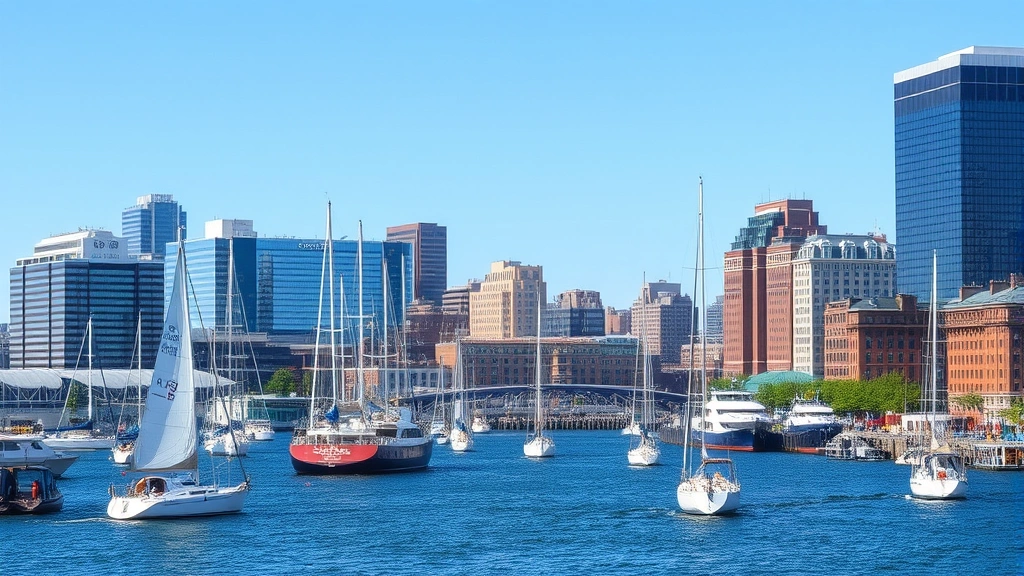 Bustling Boston Harbor with sailboats, waterfront buildings, and historic architecture along the waterfront on a clear sunny day with blue water