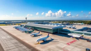 Aerial view of Tampa Bay International Airport with modern terminal building and multiple aircraft at gates, sunny Florida weather, morning light
