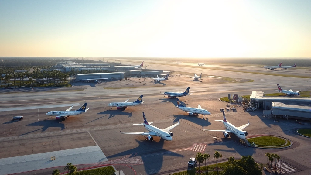Aerial view of Tampa International Airport with commercial aircraft on tarmac, palm trees visible, clear Florida sky, morning light casting long shadows across runways and terminal buildings