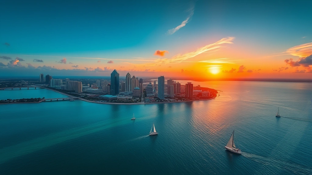Aerial view of Tampa Bay coastline with downtown skyline, turquoise water, and sailboats at sunset, photorealistic travel photography