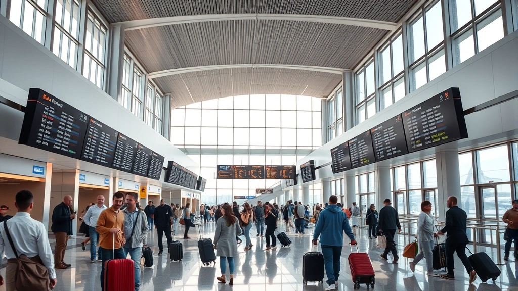 Modern airport terminal interior with travelers checking luggage, departure boards displaying flight information, natural light from windows, bustling travel scene