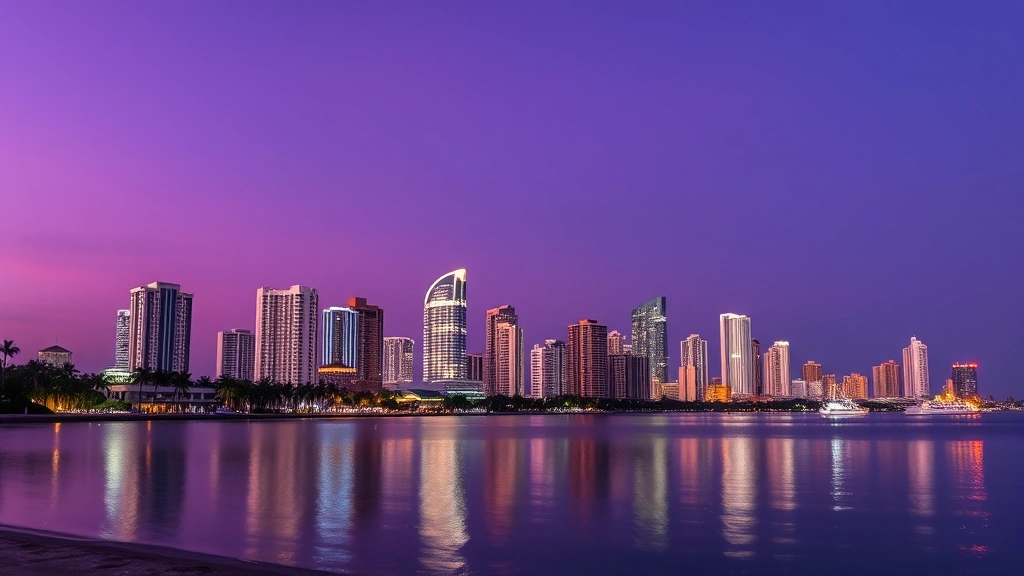 Miami skyline at dusk with illuminated high-rise buildings reflecting in calm water, South Beach palm trees silhouetted against purple sky, coastal cityscape