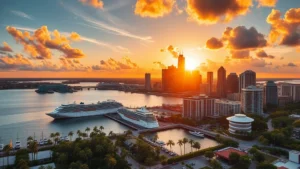 Aerial view of Tampa skyline with cruise ships in port and modern downtown buildings during golden hour sunset, vibrant Florida landscape with blue water and green palms