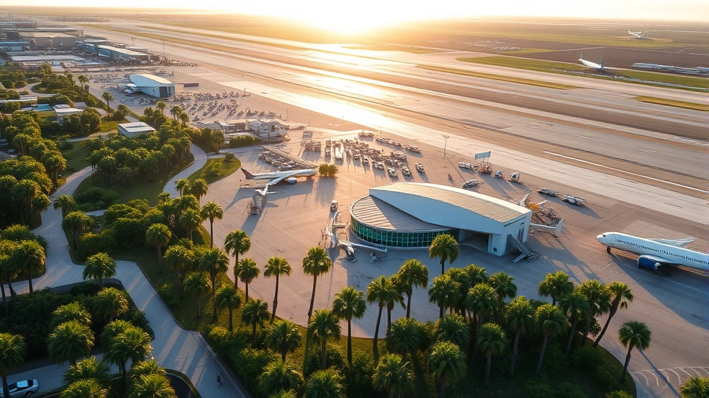 Aerial view of Tampa International Airport with palm trees and morning sunlight, gates and runways visible from above, vibrant Florida landscape