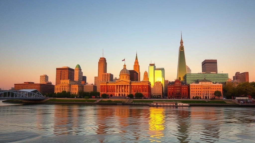 Philadelphia's historic skyline at golden hour with Independence Hall and modern buildings reflected in calm water, urban riverfront scene