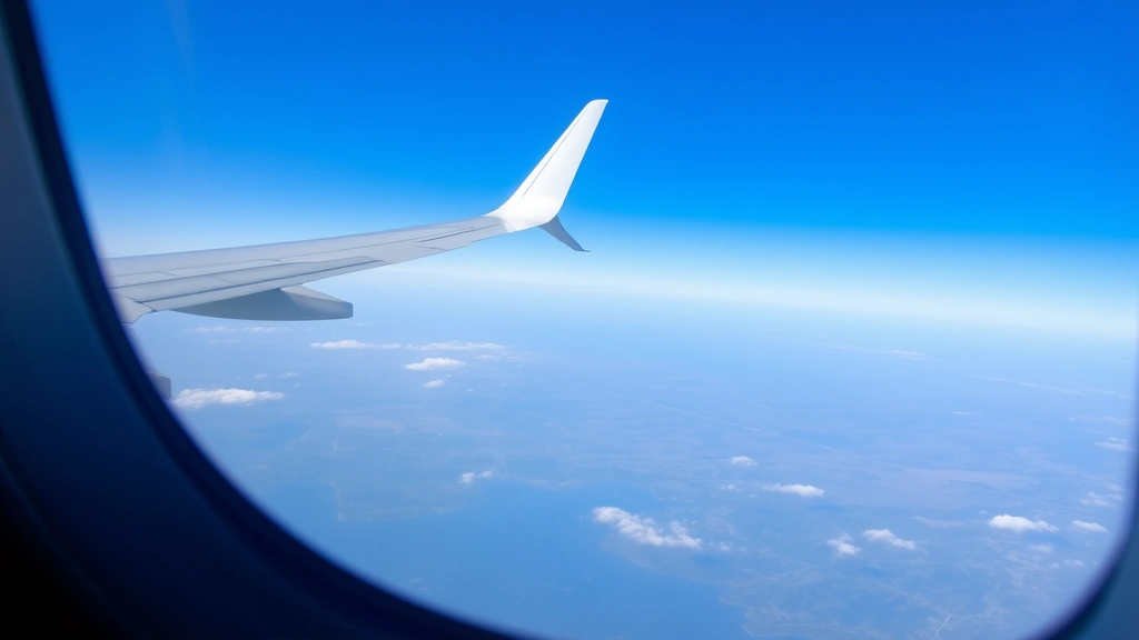 Airplane window view during flight over coastal landscape, wing visible against blue sky and distant earth below, travel perspective