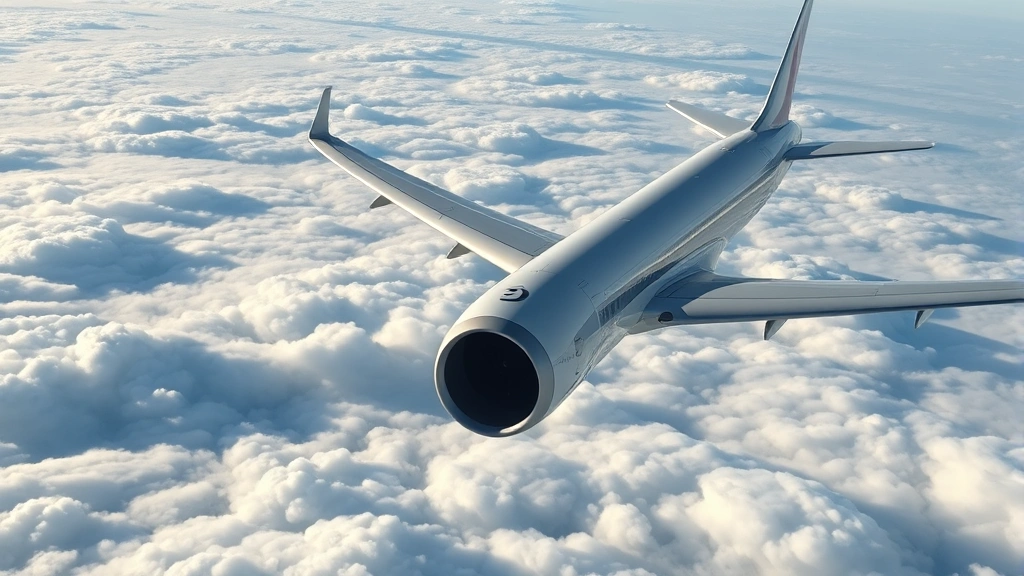 Aerial view of commercial aircraft in flight above clouds during daytime, showing modern jet engines and wing details