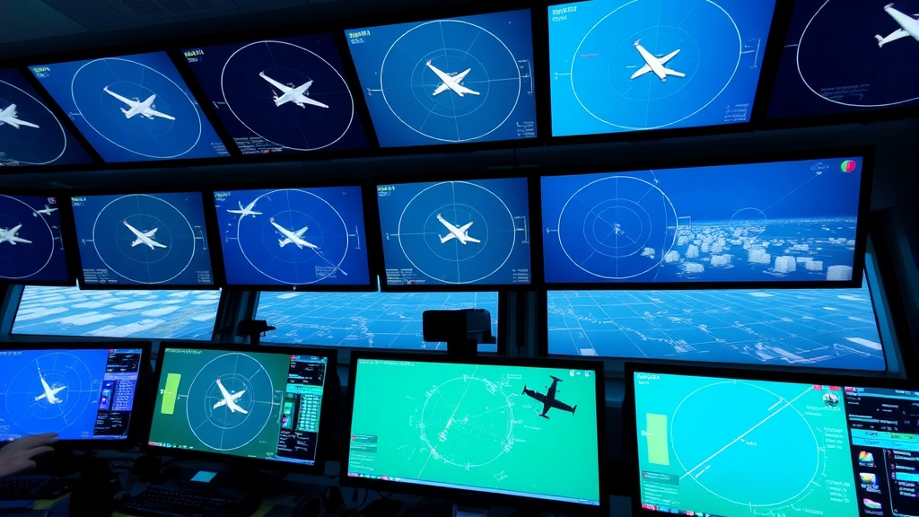 Air traffic control tower interior with multiple radar screens displaying aircraft positions and airspace data