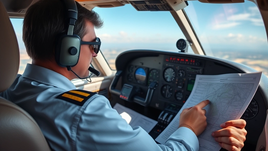 Pilot in cockpit reviewing flight charts and navigation instruments before departure