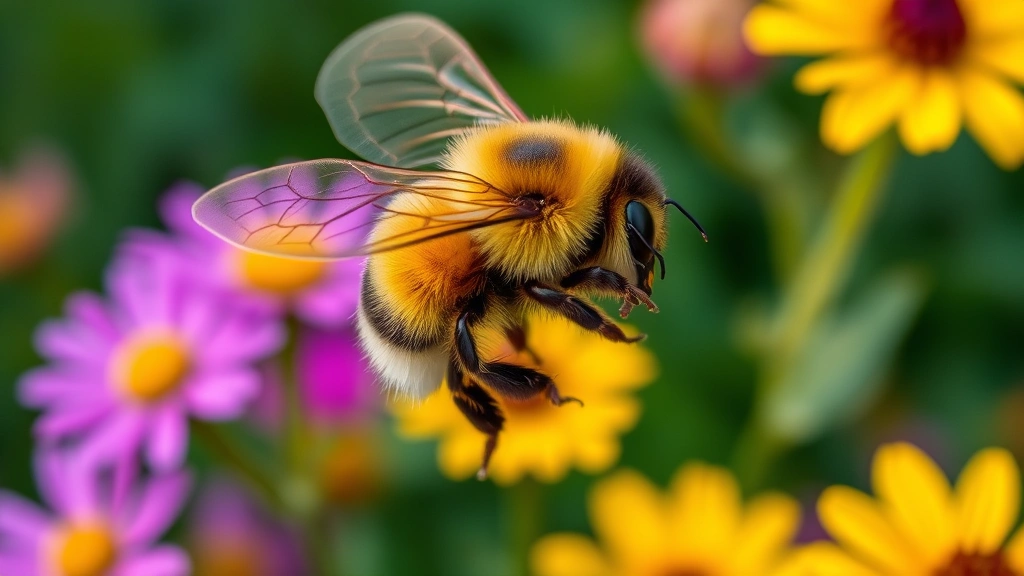 Close-up macro photography of bumblebee in flight near vibrant wildflowers, wings motion-blurred, showing fuzzy golden-yellow and black striped body mid-hover, garden background soft-focused with colorful blooms