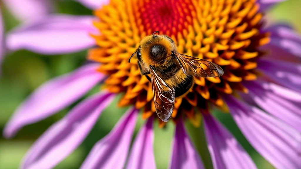 Bumblebee hovering directly above purple coneflower with visible pollen on body, wings extended in flight position, natural garden lighting, detailed view of wing structure and body anatomy in realistic detail