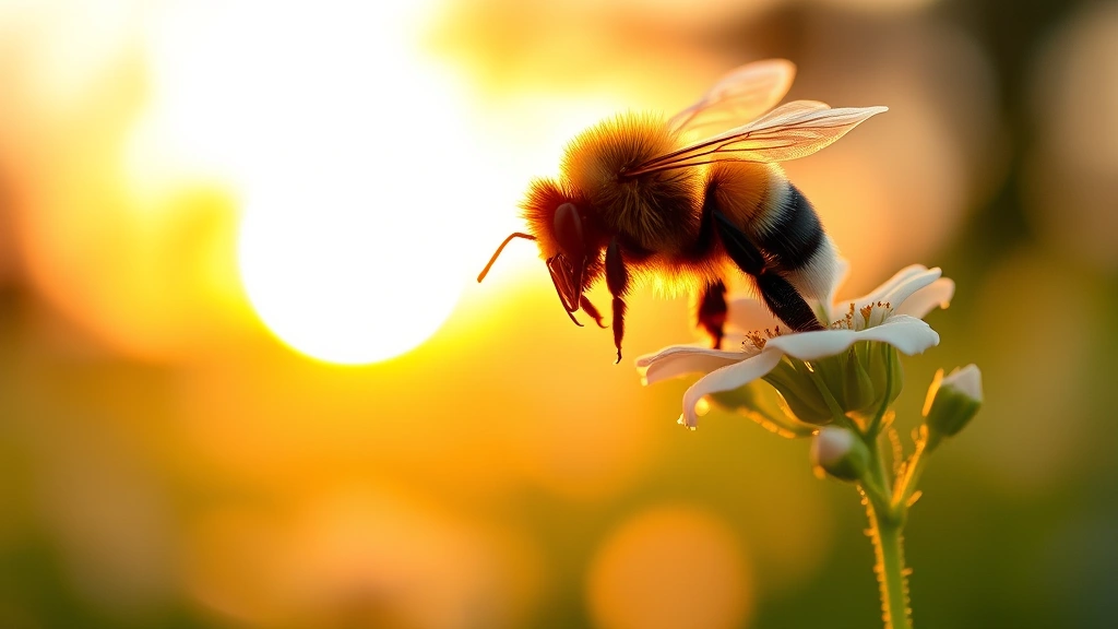 Bumblebee approaching white flowering plant at sunset, golden hour lighting on fuzzy body, wings in clear aerodynamic position, garden meadow landscape blurred behind, showcasing natural flight behavior and grace