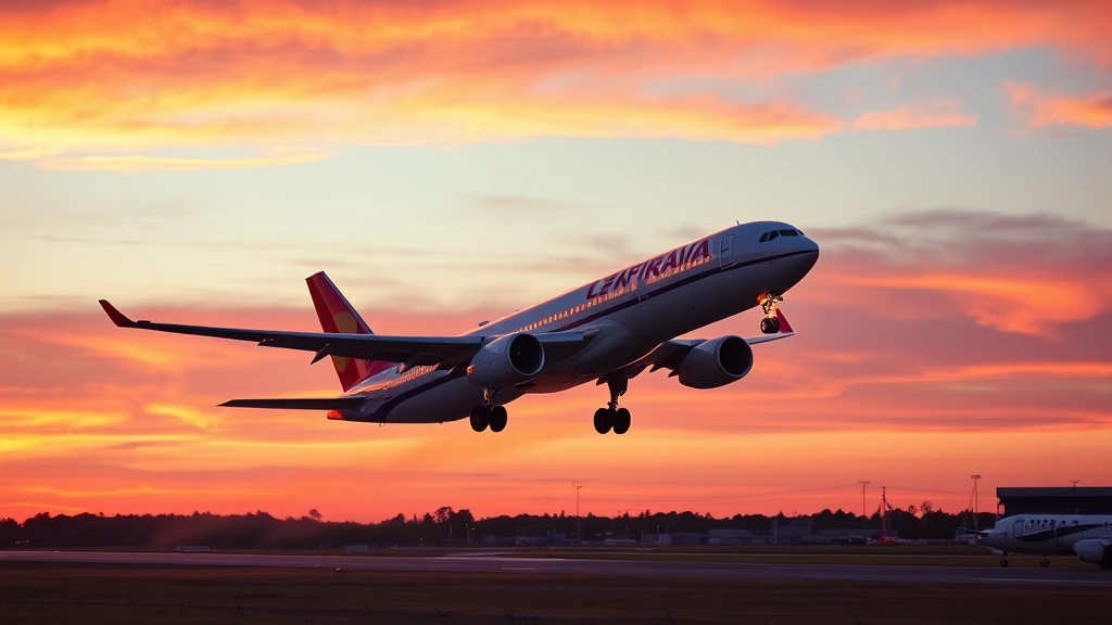 Aerial view of commercial airplane taking off from runway at sunset with vibrant orange and pink sky, photorealistic travel photography