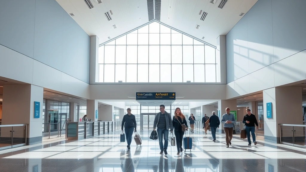 Modern airport terminal interior with travelers walking through spacious corridor, natural light streaming through large windows, contemporary architecture