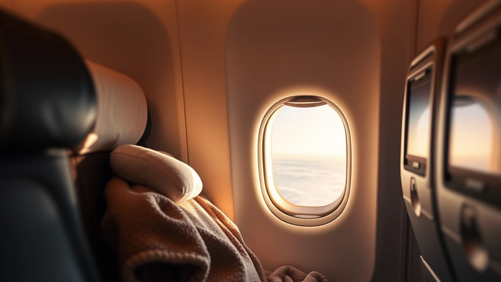 Comfortable airplane cabin interior showing passenger in window seat with blanket and neck pillow, peaceful in-flight atmosphere, warm cabin lighting