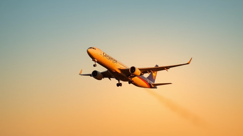 Commercial aircraft climbing steeply after takeoff at sunrise with golden light illuminating the fuselage against blue sky, dynamic ascending motion captured from below