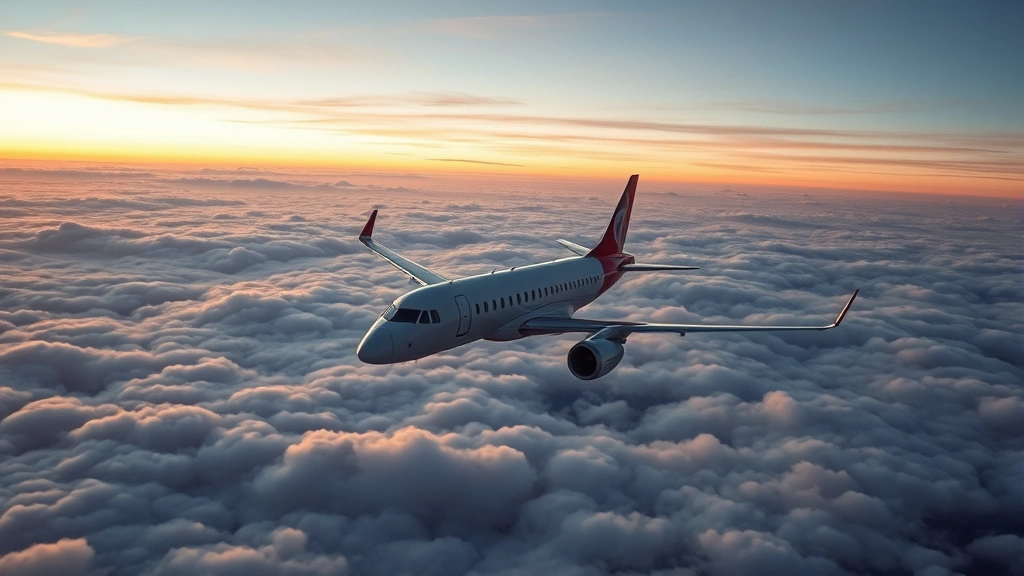 Modern aircraft cruising at high altitude with expansive cloudscape below at sunset, multiple layers of clouds creating depth and scale of aviation environment