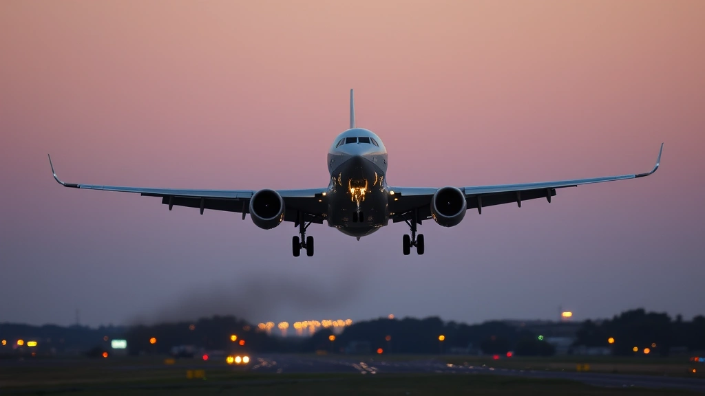 Commercial jet executing final descent approach with runway lights visible below at dusk, landing gear extended, perfect perspective showing precision of approach timing